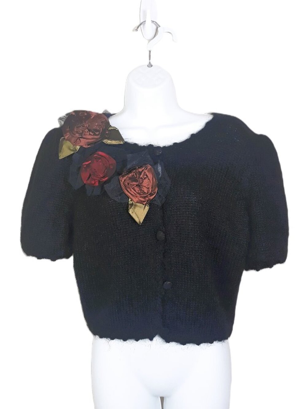 Black Mohair Wool Blend Cropped Cardigan Sweater Medium Retro Vtg 90s